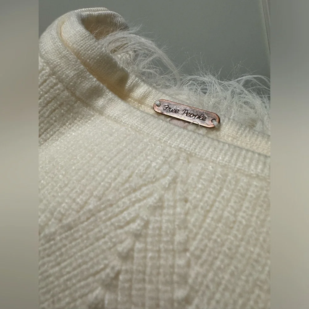 Free People Marilyn Faux Feather Trim Off the Shoulder Crop Sweater - Picture 2 of 10